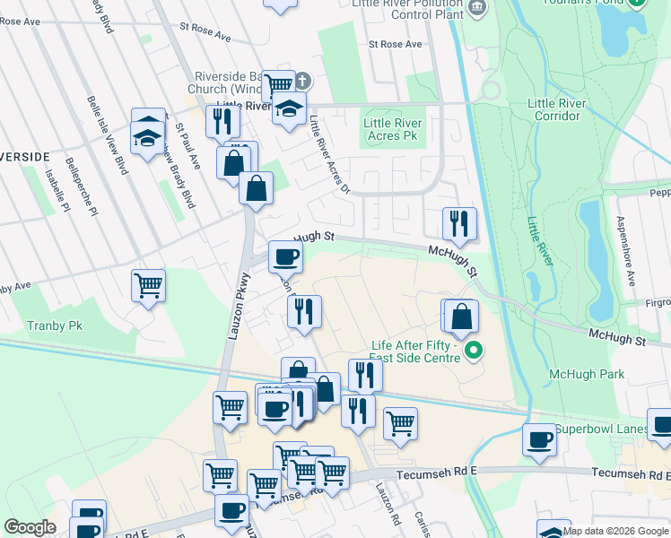 map of restaurants, bars, coffee shops, grocery stores, and more near Peregrine Windsor Inc in Windsor