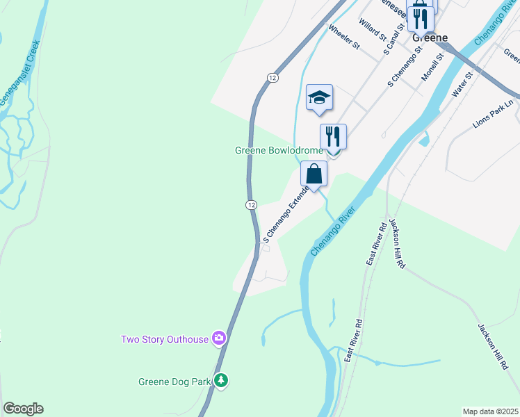 map of restaurants, bars, coffee shops, grocery stores, and more near 117 South Chenango Street in Greene