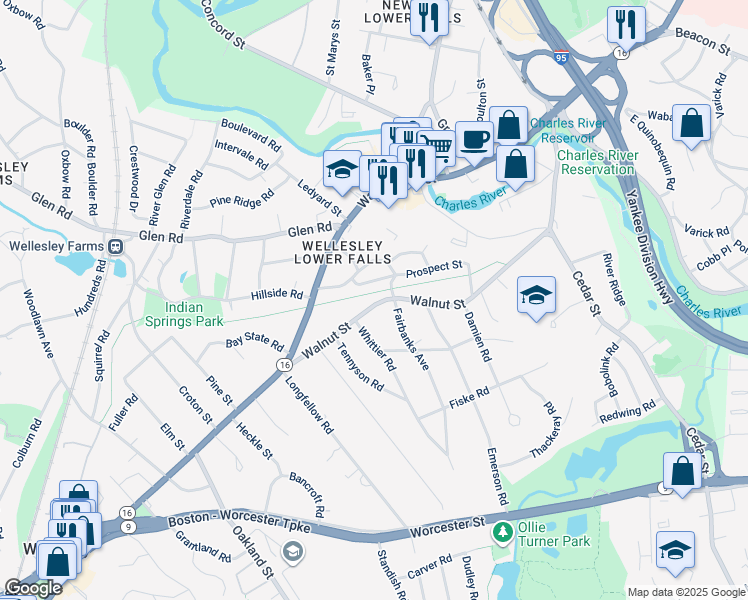 map of restaurants, bars, coffee shops, grocery stores, and more near 275 Walnut Street in Wellesley
