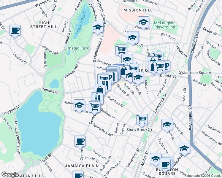 map of restaurants, bars, coffee shops, grocery stores, and more near 396 Centre Street in Boston