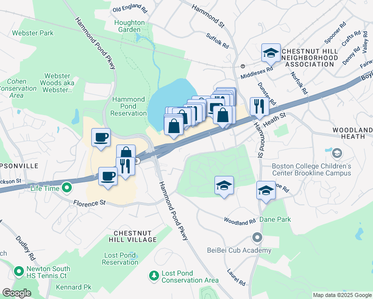 map of restaurants, bars, coffee shops, grocery stores, and more near 1300 Boylston Street in Brookline