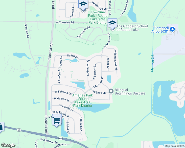 map of restaurants, bars, coffee shops, grocery stores, and more near 1450 South Bayport Lane in Round Lake