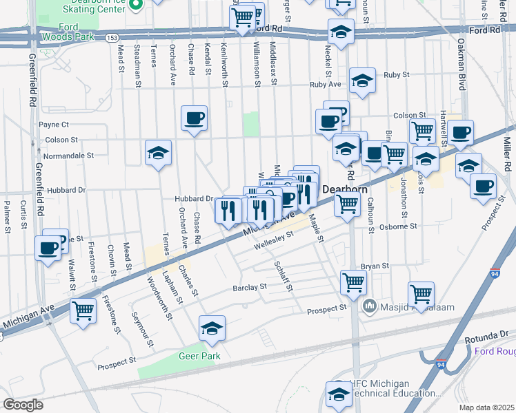 map of restaurants, bars, coffee shops, grocery stores, and more near 4750 Argyle Street in Dearborn