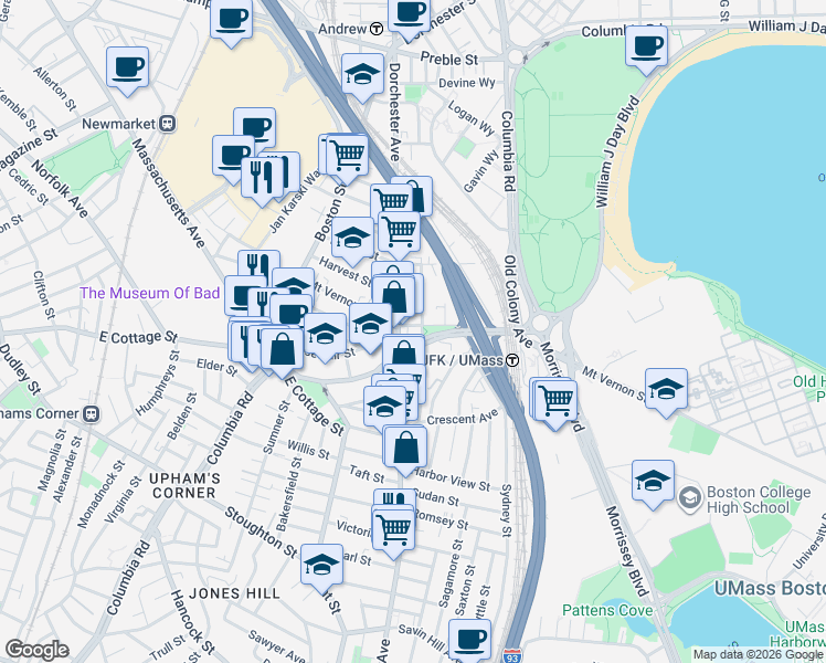 map of restaurants, bars, coffee shops, grocery stores, and more near 886 Dorchester Avenue in Boston