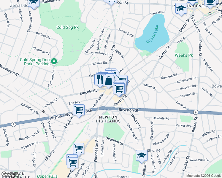 map of restaurants, bars, coffee shops, grocery stores, and more near 18 Lincoln Street in Newton