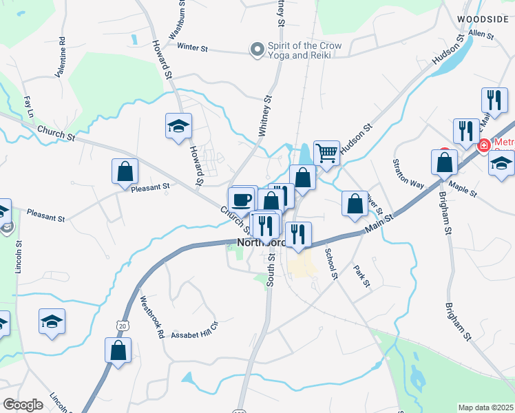 map of restaurants, bars, coffee shops, grocery stores, and more near 11 Pierce Street in Northborough
