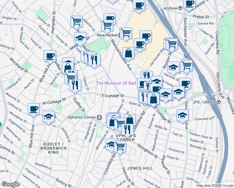 map of restaurants, bars, coffee shops, grocery stores, and more near 81 East Cottage Street in Boston