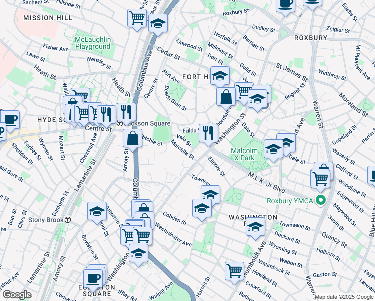 map of restaurants, bars, coffee shops, grocery stores, and more near 12 Marcella Street in Boston