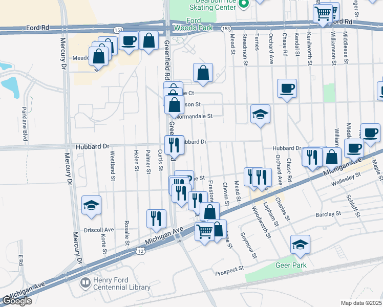 map of restaurants, bars, coffee shops, grocery stores, and more near 4766 Walwit Street in Dearborn