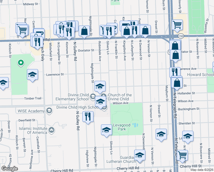 map of restaurants, bars, coffee shops, grocery stores, and more near 1338 Robindale Avenue in Dearborn