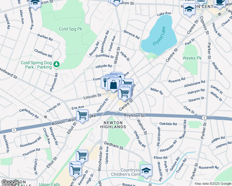 map of restaurants, bars, coffee shops, grocery stores, and more near 77 Floral Street in Newton