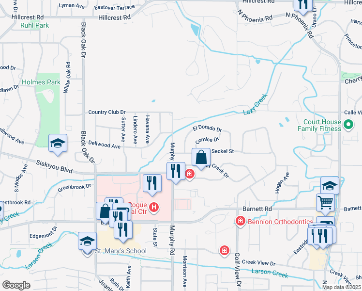 map of restaurants, bars, coffee shops, grocery stores, and more near 2905 El Dorado Drive in Medford