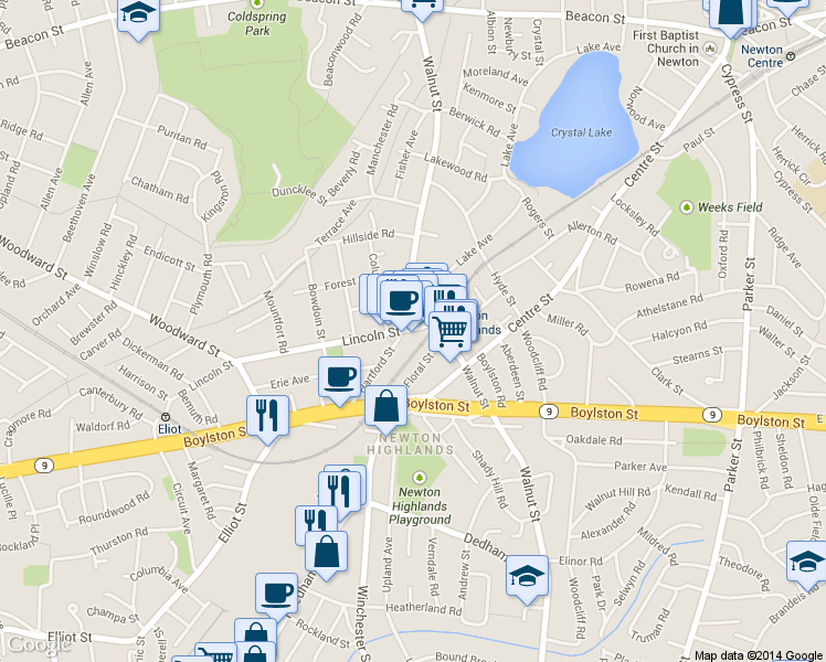 map of restaurants, bars, coffee shops, grocery stores, and more near 77 Floral Street in Newton