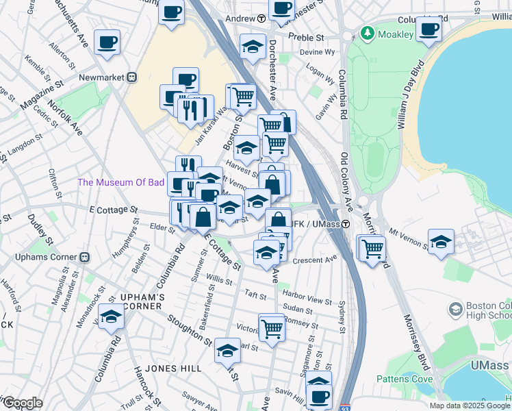 map of restaurants, bars, coffee shops, grocery stores, and more near 69 Roseclair Street in Boston