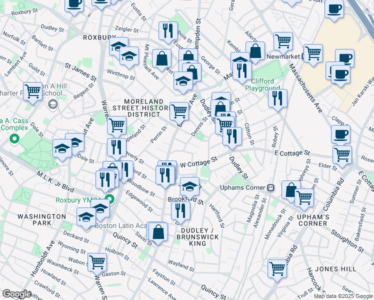 map of restaurants, bars, coffee shops, grocery stores, and more near 75R West Cottage Street in Boston