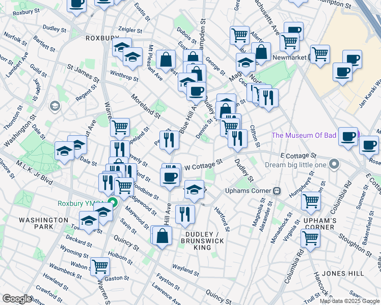 map of restaurants, bars, coffee shops, grocery stores, and more near 75R West Cottage Street in Boston