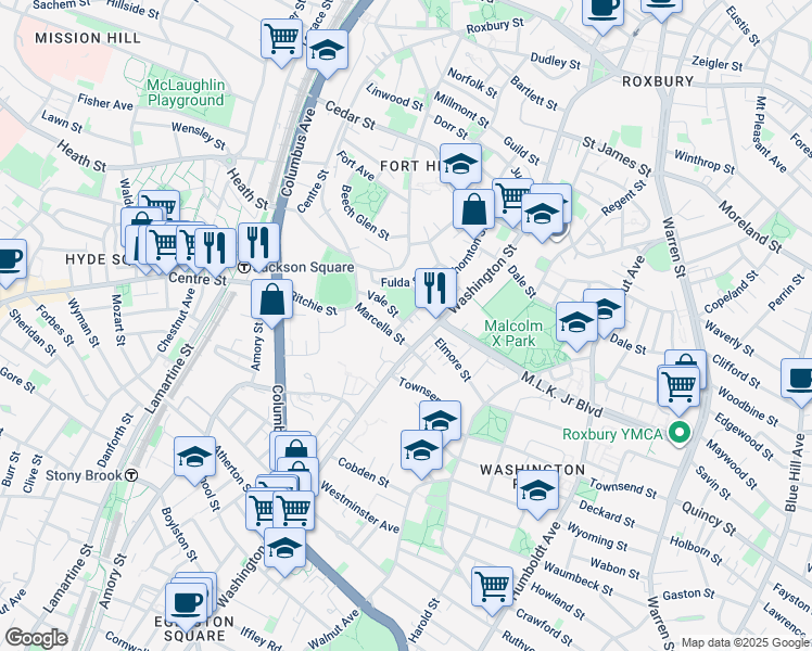 map of restaurants, bars, coffee shops, grocery stores, and more near 12 Marcella Street in Boston