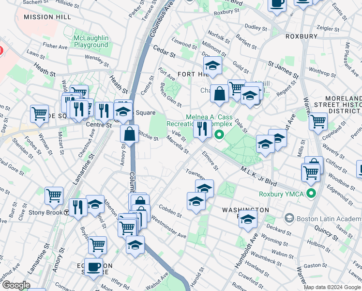 map of restaurants, bars, coffee shops, grocery stores, and more near 12 Marcella Street in Boston
