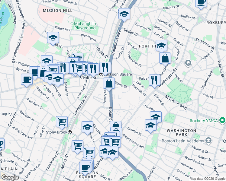 map of restaurants, bars, coffee shops, grocery stores, and more near 1601 Columbus Avenue in Boston