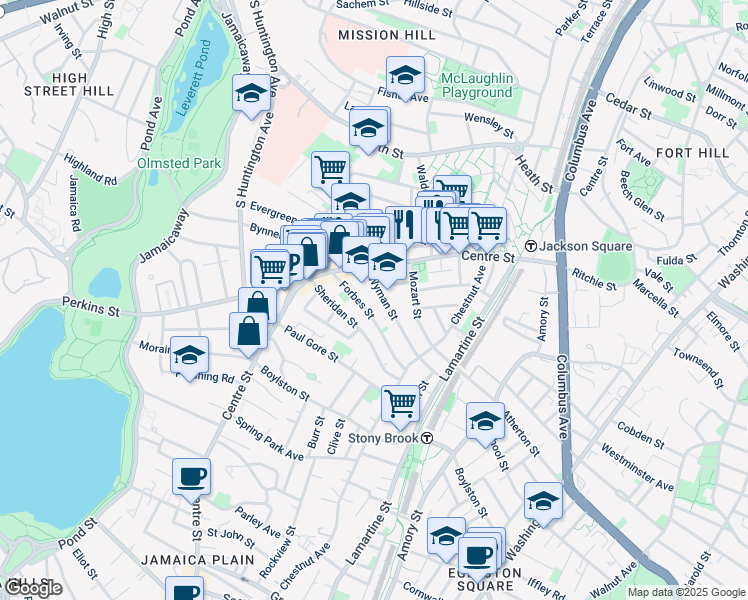 map of restaurants, bars, coffee shops, grocery stores, and more near 47 Wyman Street in Boston