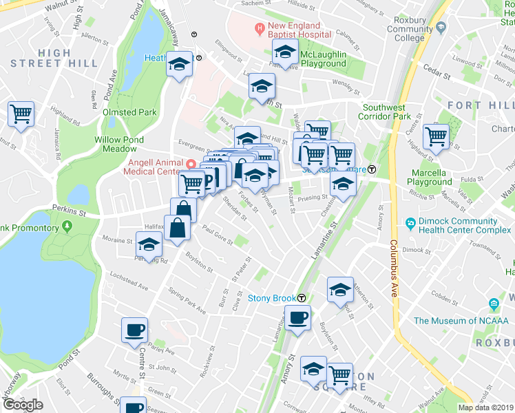 map of restaurants, bars, coffee shops, grocery stores, and more near 50 Sheridan Street in Boston