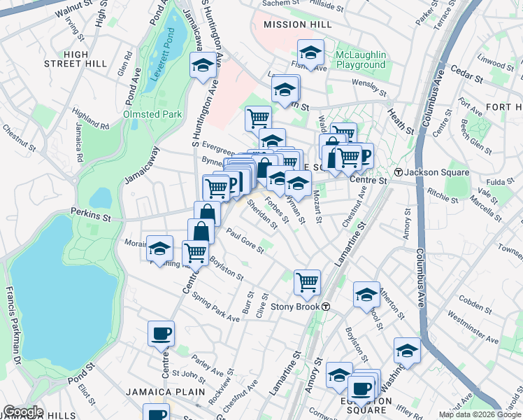 map of restaurants, bars, coffee shops, grocery stores, and more near 50 Sheridan Street in Boston