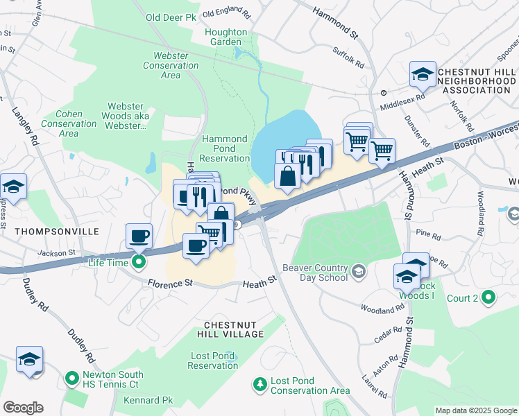 map of restaurants, bars, coffee shops, grocery stores, and more near 231 Hammond Pond Parkway in Newton