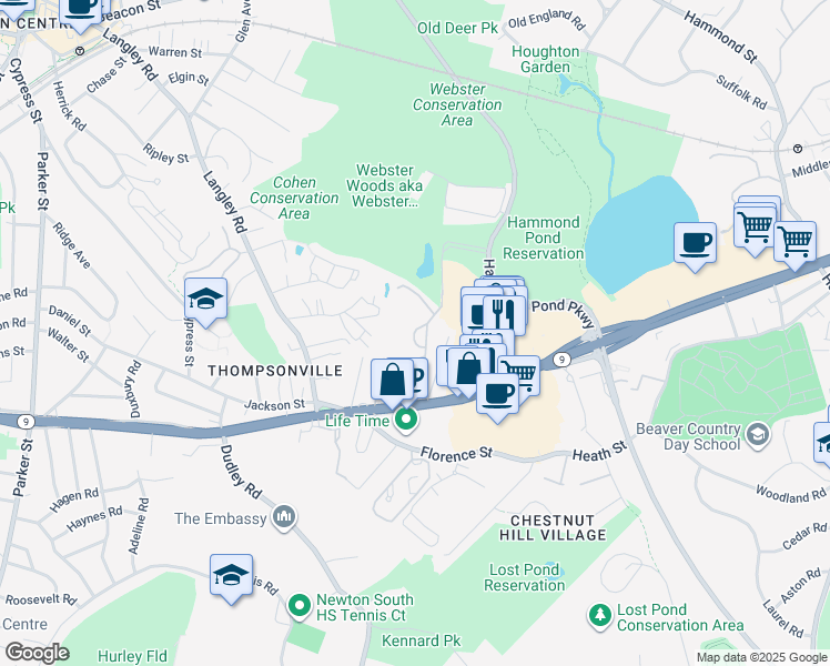 map of restaurants, bars, coffee shops, grocery stores, and more near 250 Hammond Pond Parkway in Newton
