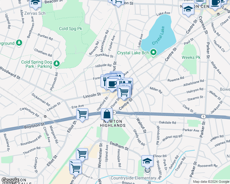 map of restaurants, bars, coffee shops, grocery stores, and more near 77 Floral Street in Newton