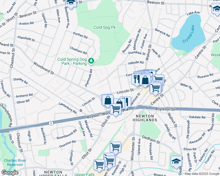 map of restaurants, bars, coffee shops, grocery stores, and more near 143 Lincoln Street in Newton