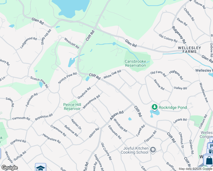 map of restaurants, bars, coffee shops, grocery stores, and more near 26 Peirce Road in Wellesley