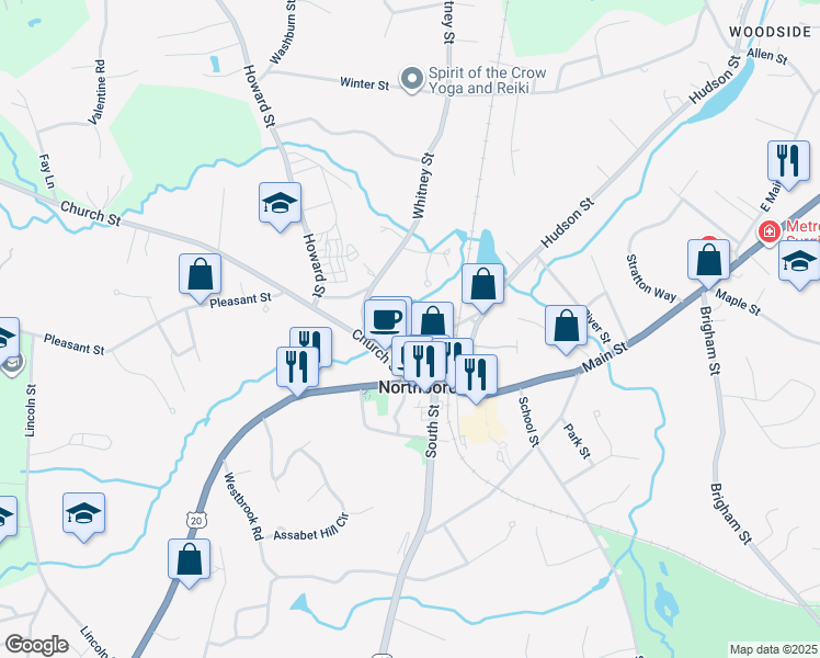 map of restaurants, bars, coffee shops, grocery stores, and more near 11 Pierce Street in Northborough