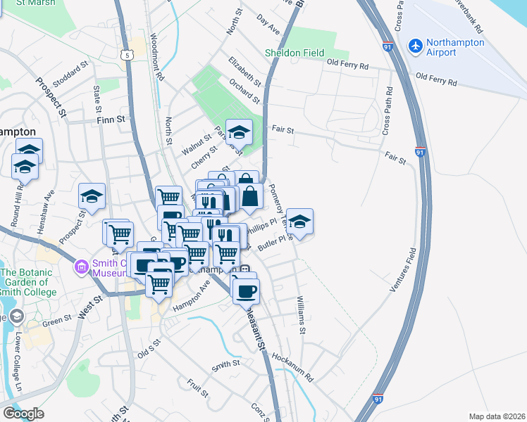 map of restaurants, bars, coffee shops, grocery stores, and more near 28 Phillips Place in Northampton