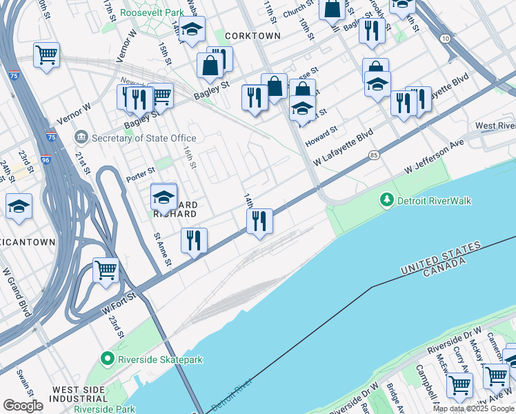 map of restaurants, bars, coffee shops, grocery stores, and more near in Detroit