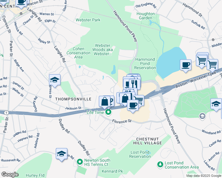 map of restaurants, bars, coffee shops, grocery stores, and more near 250 Hammond Pond Parkway in Newton