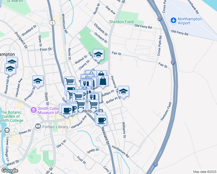 map of restaurants, bars, coffee shops, grocery stores, and more near 28 Phillips Place in Northampton