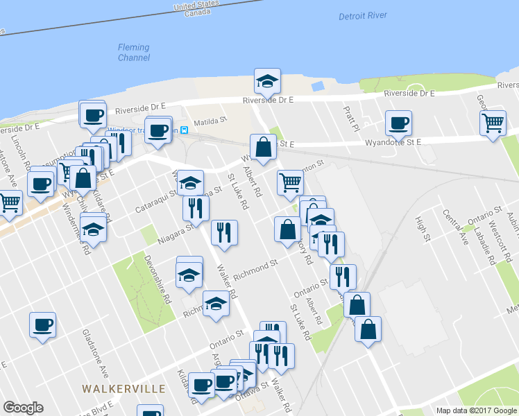 map of restaurants, bars, coffee shops, grocery stores, and more near 975 Albert Road in Windsor