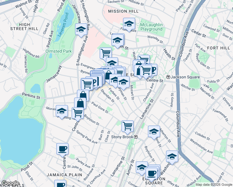 map of restaurants, bars, coffee shops, grocery stores, and more near 34 Forbes Street in Jamaica Plain