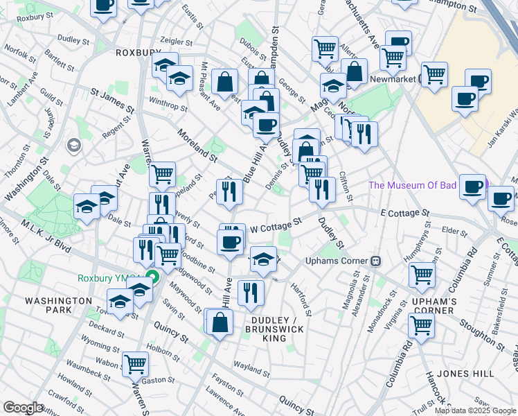 map of restaurants, bars, coffee shops, grocery stores, and more near 75R West Cottage Street in Boston