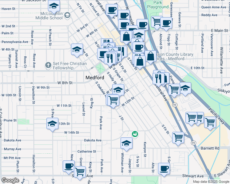 map of restaurants, bars, coffee shops, grocery stores, and more near 324 South Ivy Street in Medford