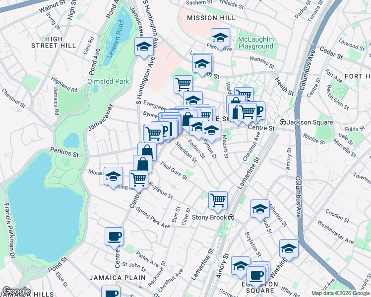 map of restaurants, bars, coffee shops, grocery stores, and more near 50 Sheridan Street in Boston