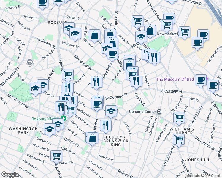 map of restaurants, bars, coffee shops, grocery stores, and more near 75R West Cottage Street in Boston