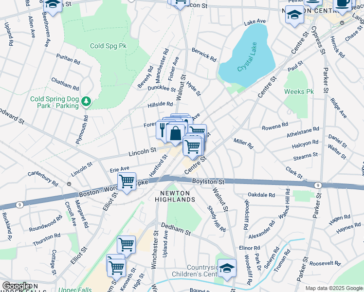 map of restaurants, bars, coffee shops, grocery stores, and more near 77 Floral Street in Newton