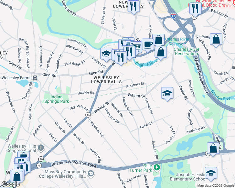 map of restaurants, bars, coffee shops, grocery stores, and more near 275 Walnut Street in Wellesley