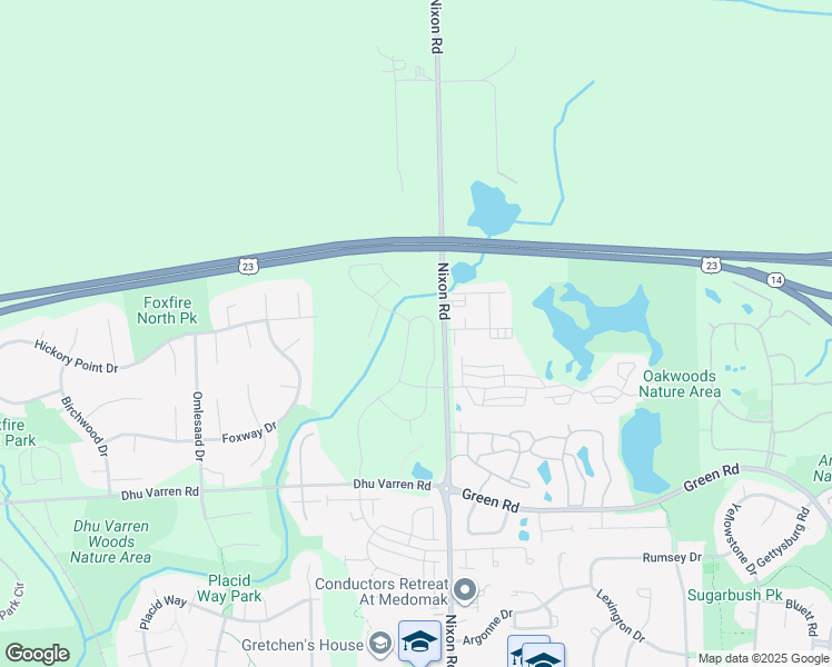 map of restaurants, bars, coffee shops, grocery stores, and more near 3081 North Spurway Drive in Ann Arbor