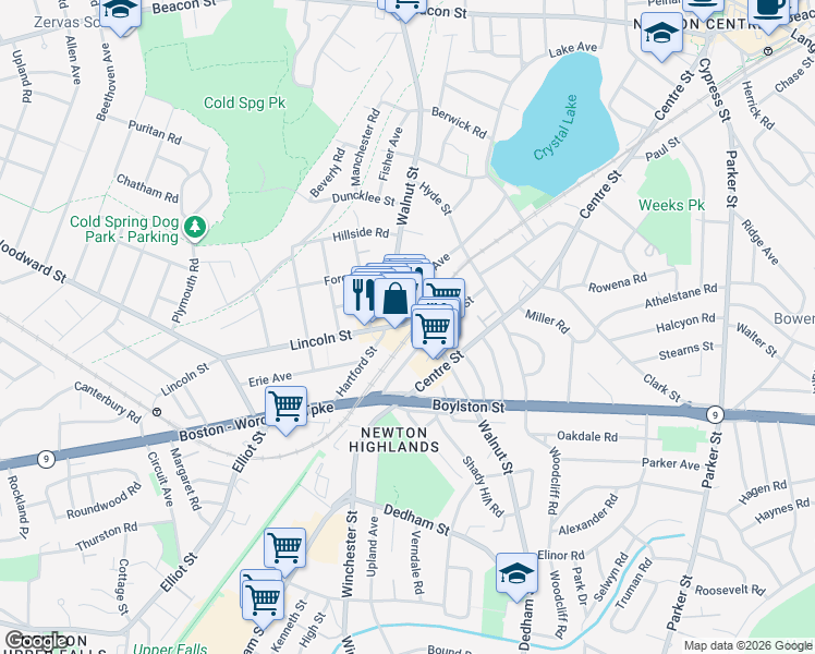 map of restaurants, bars, coffee shops, grocery stores, and more near 77 Floral Street in Newton