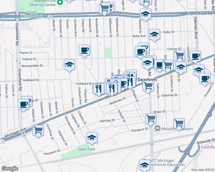 map of restaurants, bars, coffee shops, grocery stores, and more near 4750 Argyle Street in Dearborn