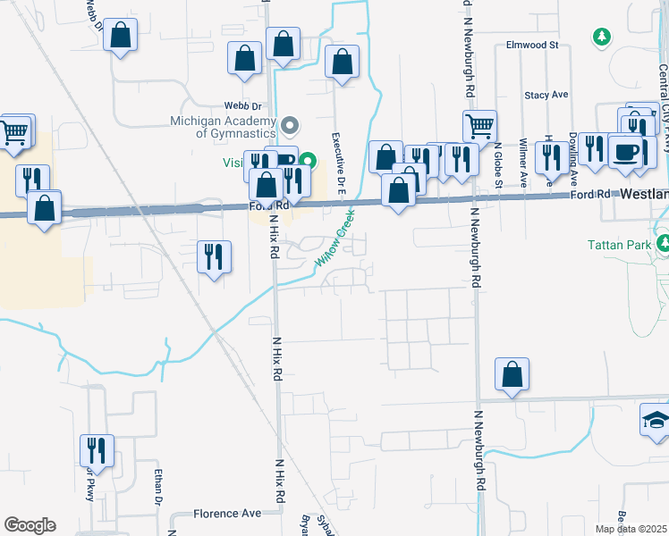map of restaurants, bars, coffee shops, grocery stores, and more near 38153 Sherwood Street in Westland