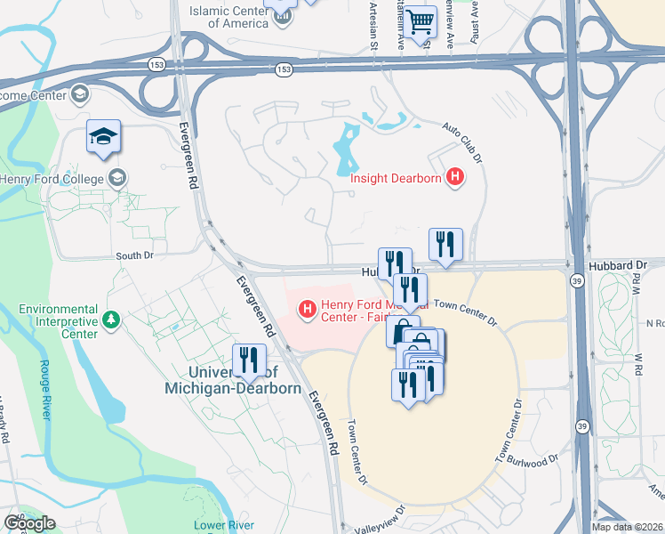 map of restaurants, bars, coffee shops, grocery stores, and more near 19401 Hubbard Dr in Dearborn