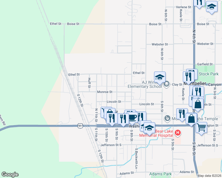 map of restaurants, bars, coffee shops, grocery stores, and more near 333 North 10th Street in Montpelier